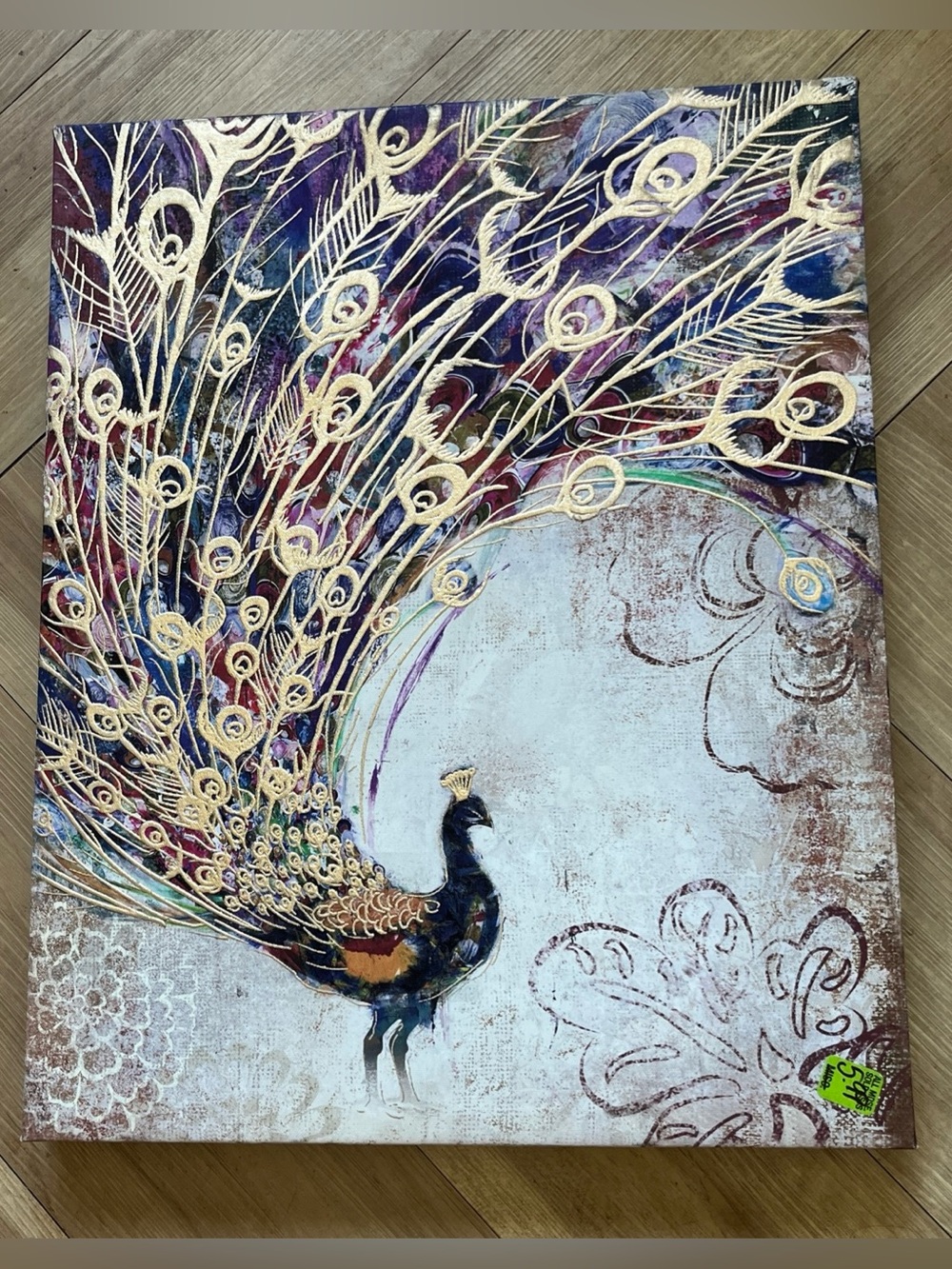 Textured Gold Peacock Wall Art Canvas Mixed Media Embellished Boho Decor 16x20
